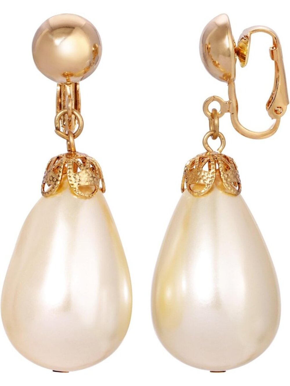 Elegant Gold Tone Faux Pearl Teardrop Clip-On Earrings for Women - Vintage Style
